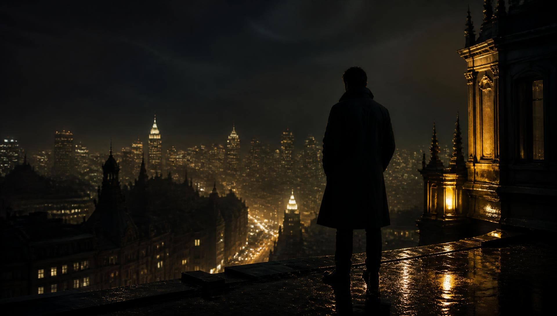 A figure overlooking a rain-lit city skyline at night